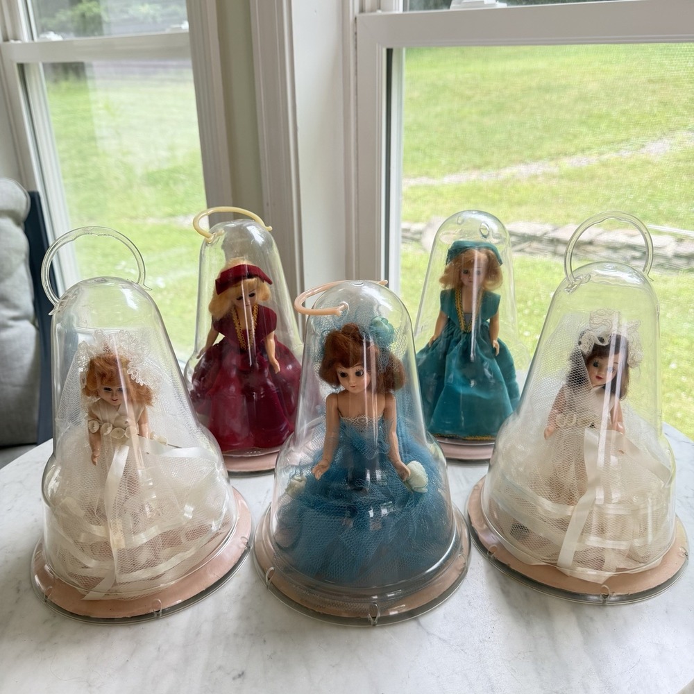 VTG 1950s A&H Doll Sleepy Eye Hard Plastic Dolls in Bell Dome Lot 5 With 2 Bride